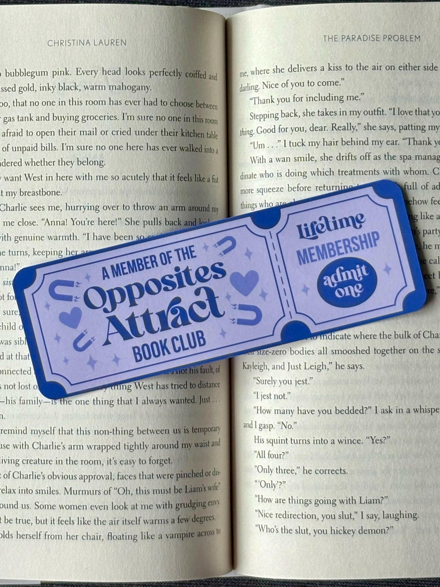 Opposites Attract Romance Ticket Bookmark with retro pastel movie ticket design.