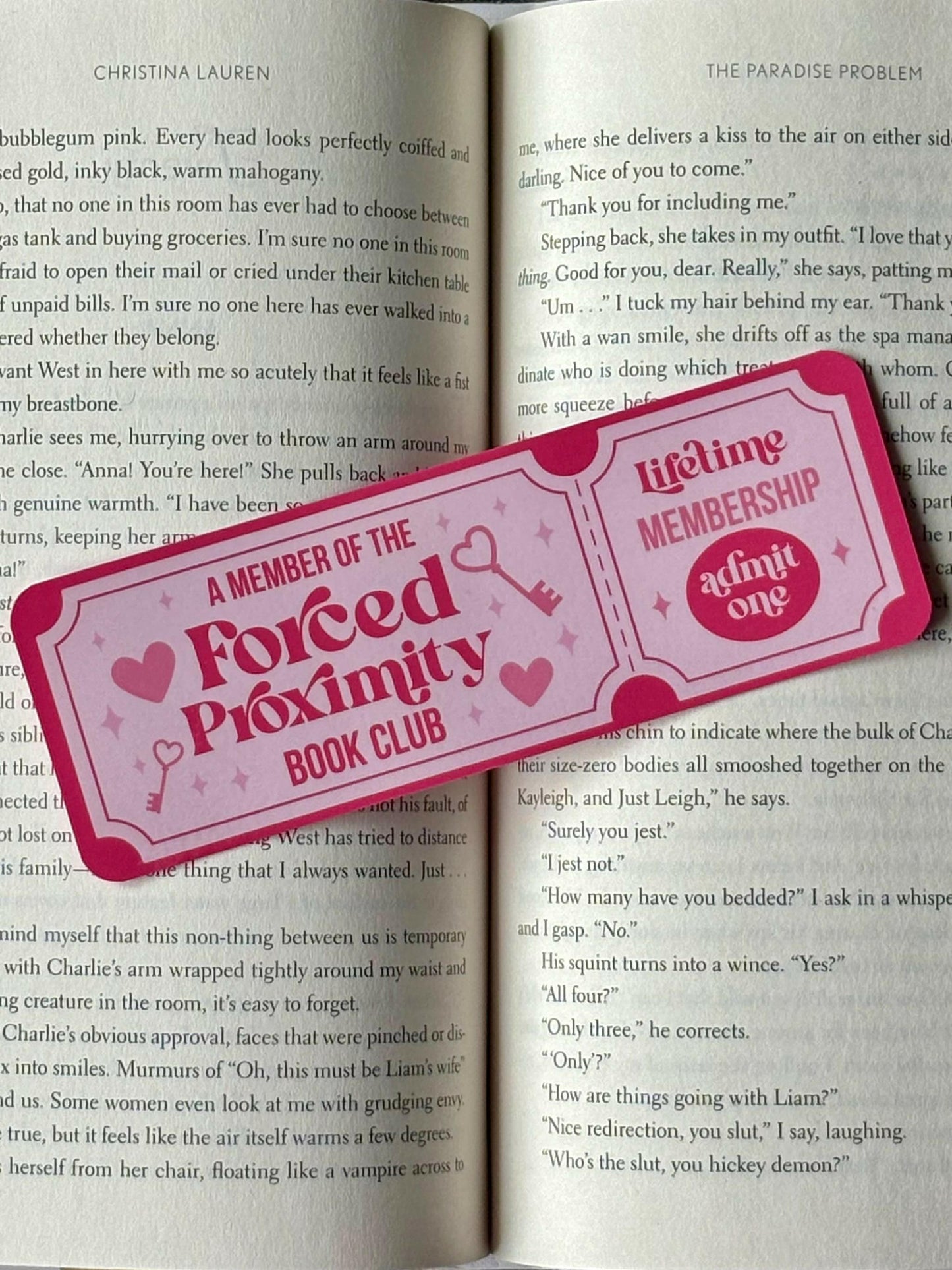Forced Proximity Romance bookmark styled like a retro movie ticket in pastel tones.