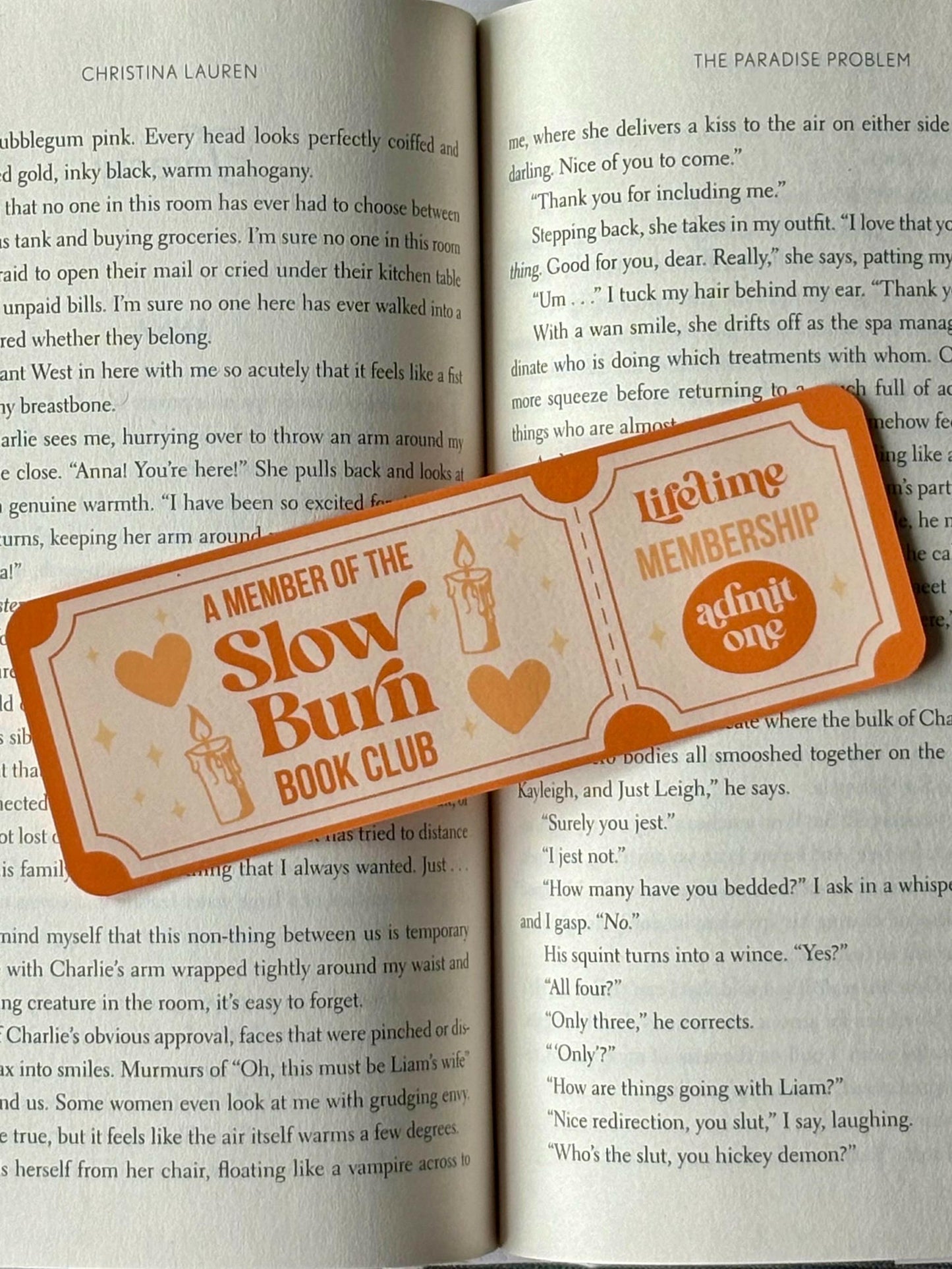 Slow Burn romance bookmark designed like a retro movie ticket in soft pastel colors