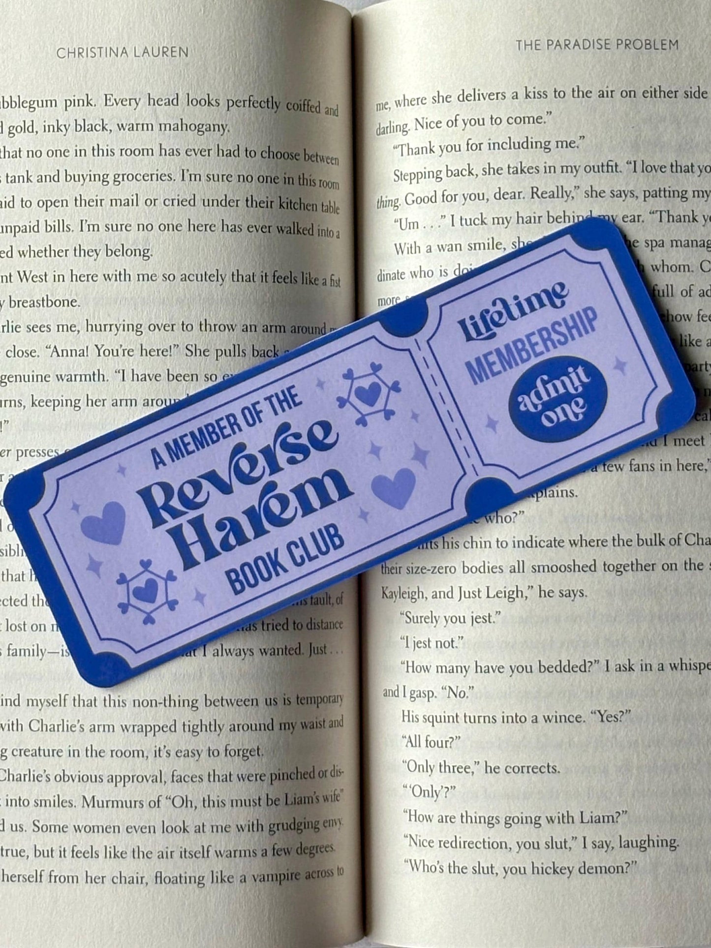 Retro-style bookmark styled like a movie ticket with "Reverse Harem" in colorful text, designed for romance readers.
