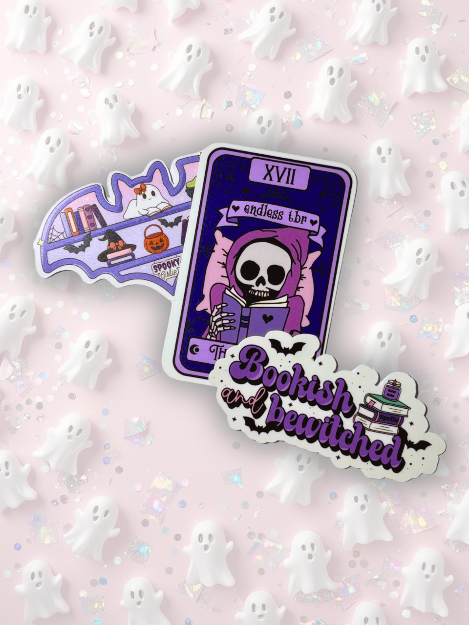 Set of 3 Halloween bookish stickers: tarot card Endless TBR, bat bookshelf, Bookish & Bewitched design.
