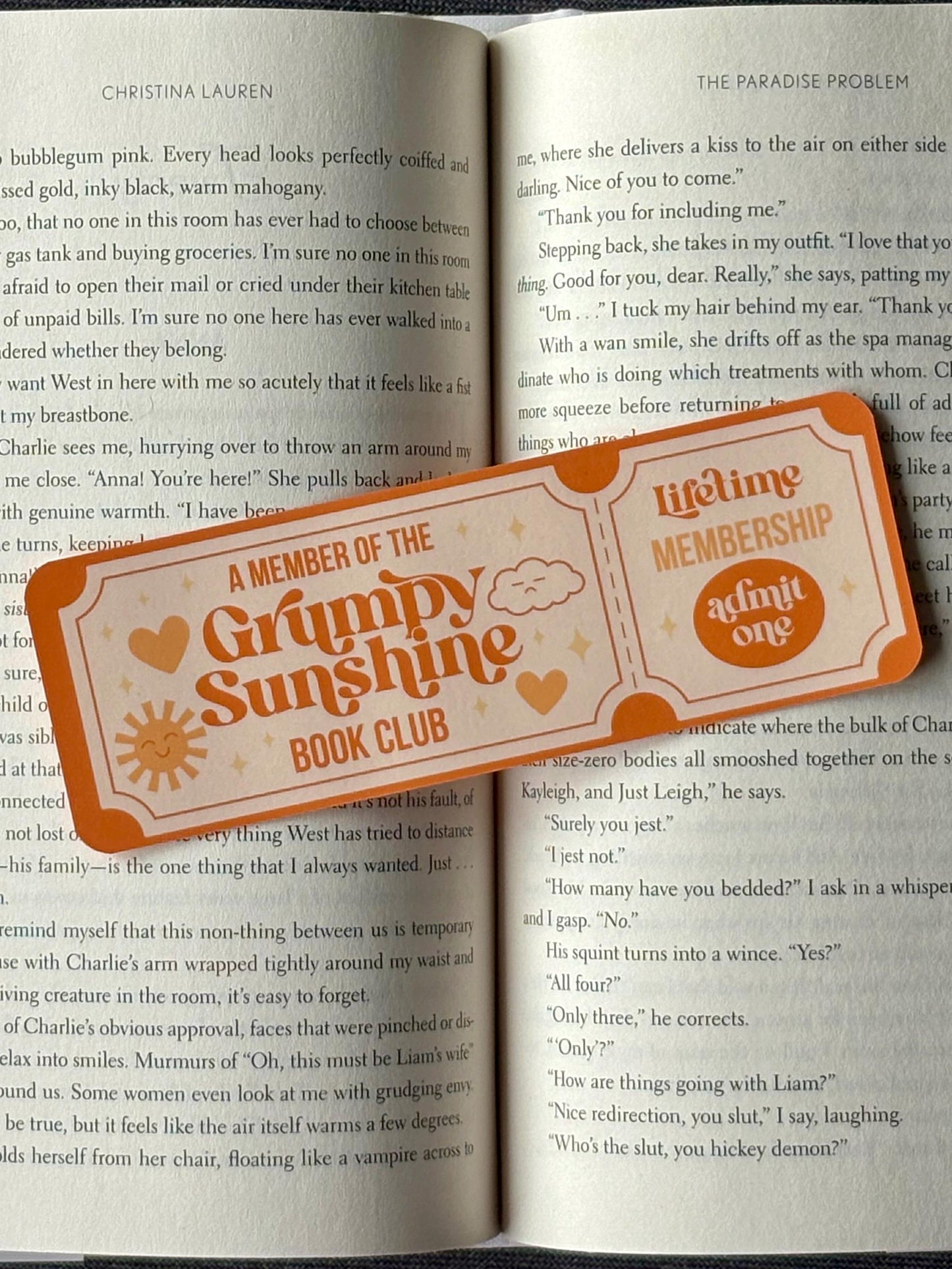 Grumpy Sunshine Romance Ticket Bookmark in pastel retro design, ideal for readers who love opposites-attract storylines.