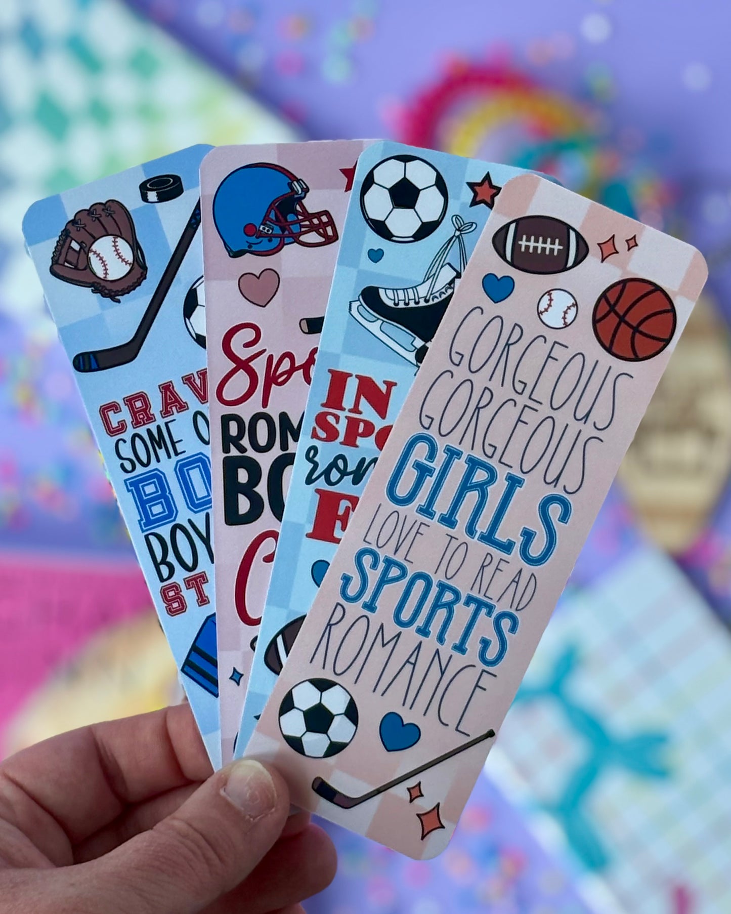 Sports Romance Bookmark Bundle - 4 retro checkered sports-themed bookmarks for romance readers featuring athletic equipment and bookish quotes.