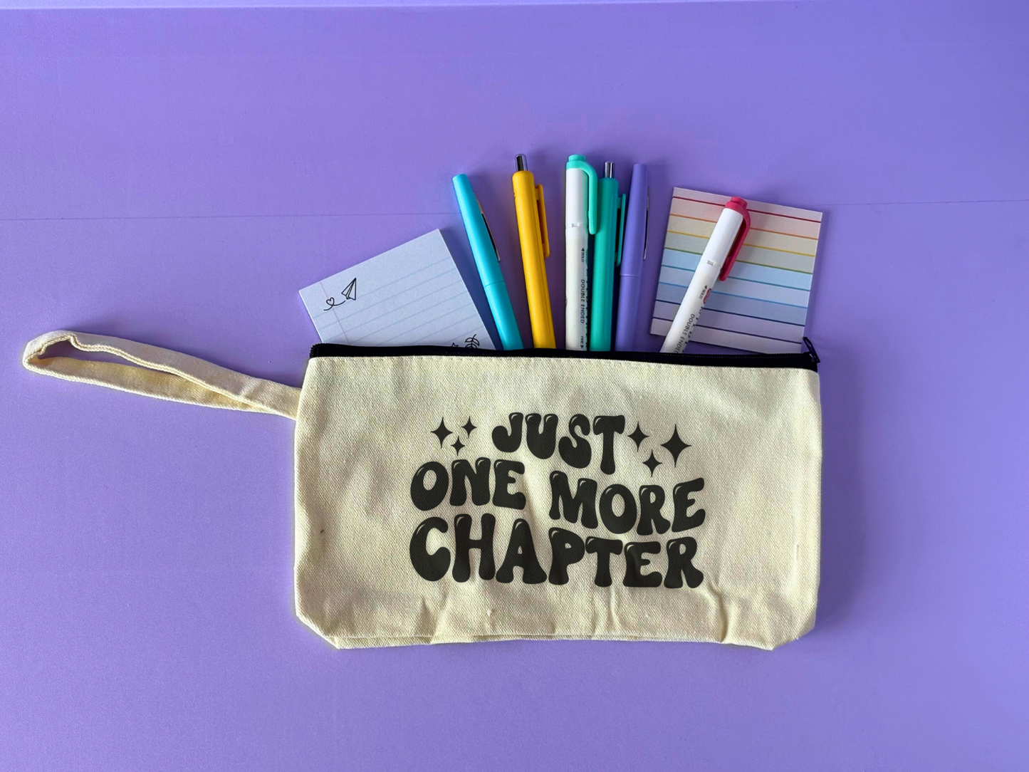Bookish Annotation Pouch Bag - Just One More Chapter Pouch Bag with pens, highlighters, and sticky notes