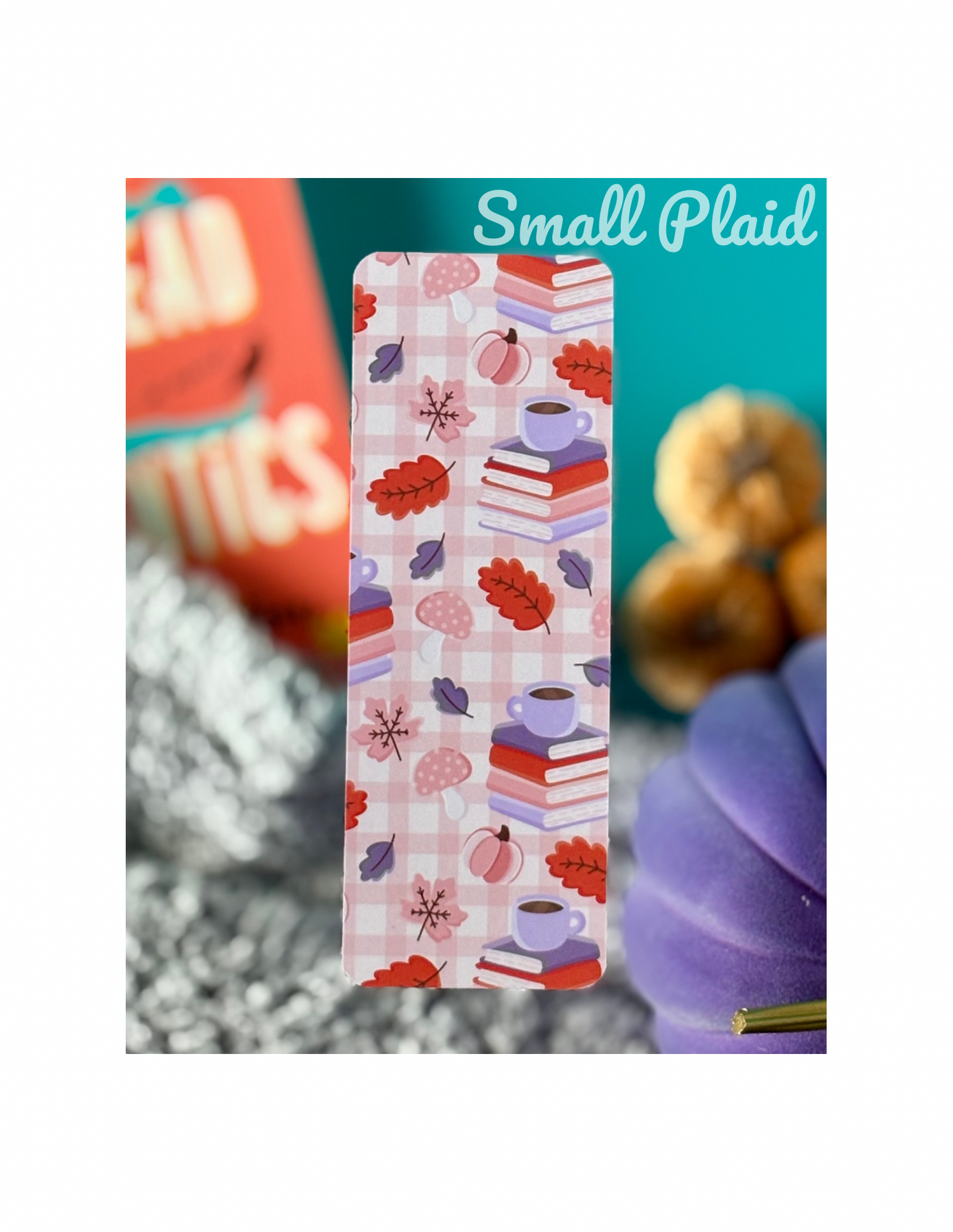 Pink Plaid Fall Bookmark – Cozy Books & Coffee Autumn Design
