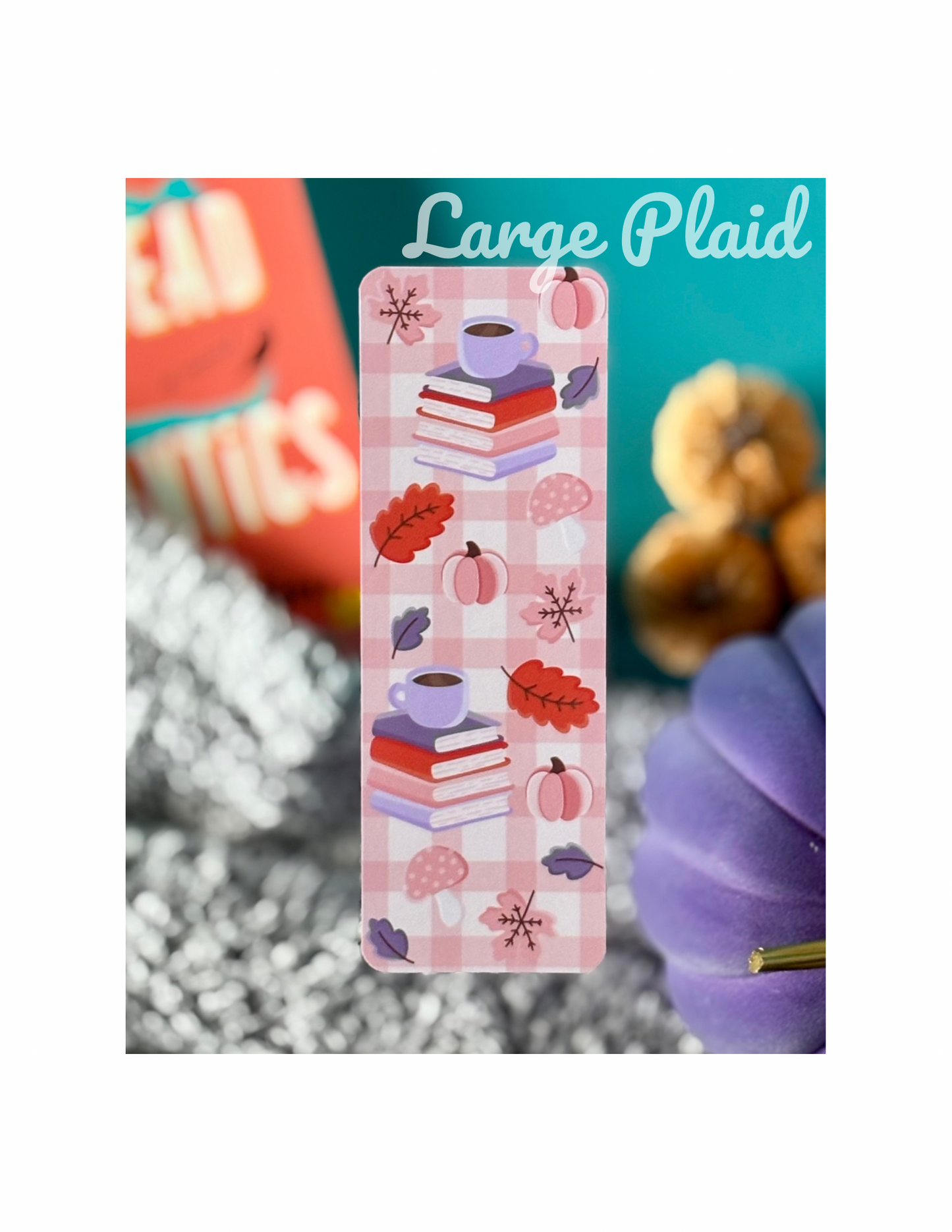 Pink Plaid Fall Bookmark – Cozy Books & Coffee Autumn Design