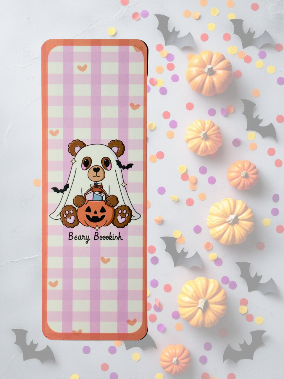 Halloween Teddy Bear Bookmarks - Plaid “Berry Bookish” Trick-or-Treat