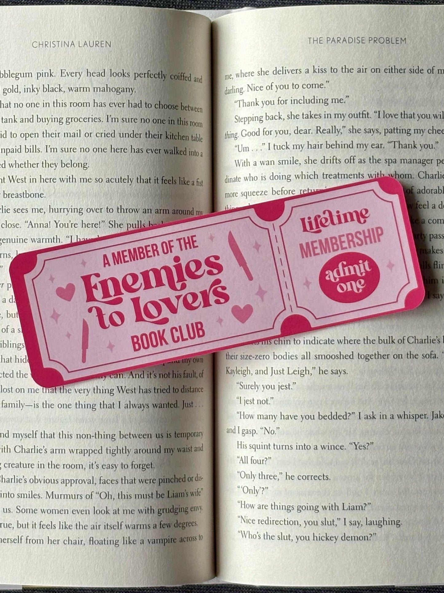 Enemies to Lovers Romance Ticket Bookmark in pastel retro design for fans of rivals-to-lovers books and spicy romance tropes.