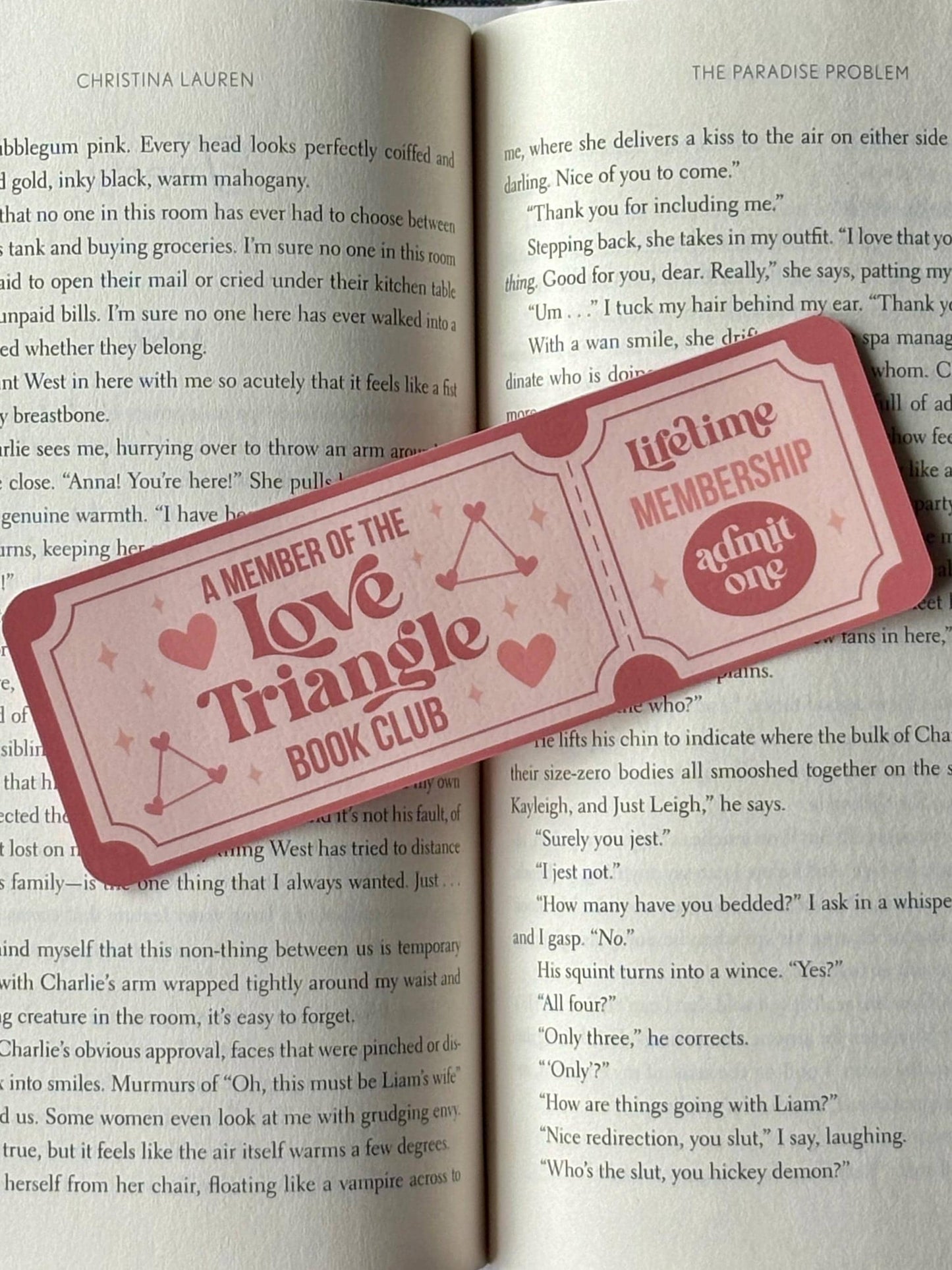 Bookmark styled like a retro movie ticket with "Love Triangle" in bold lettering, designed for romance readers.