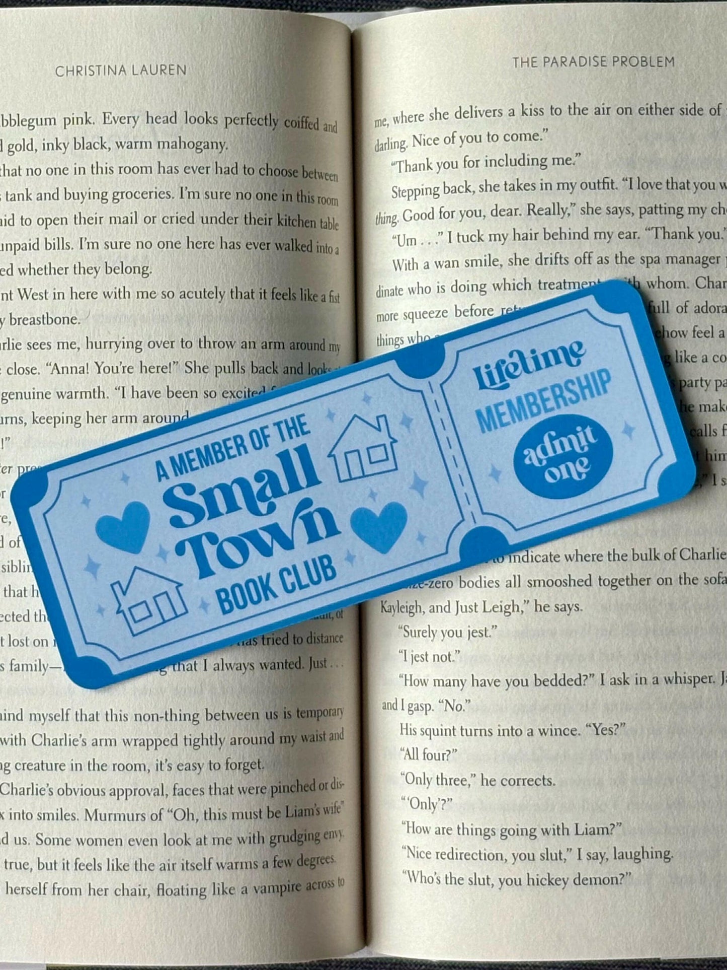 Small Town Romance bookmark designed like a pastel retro movie ticket.