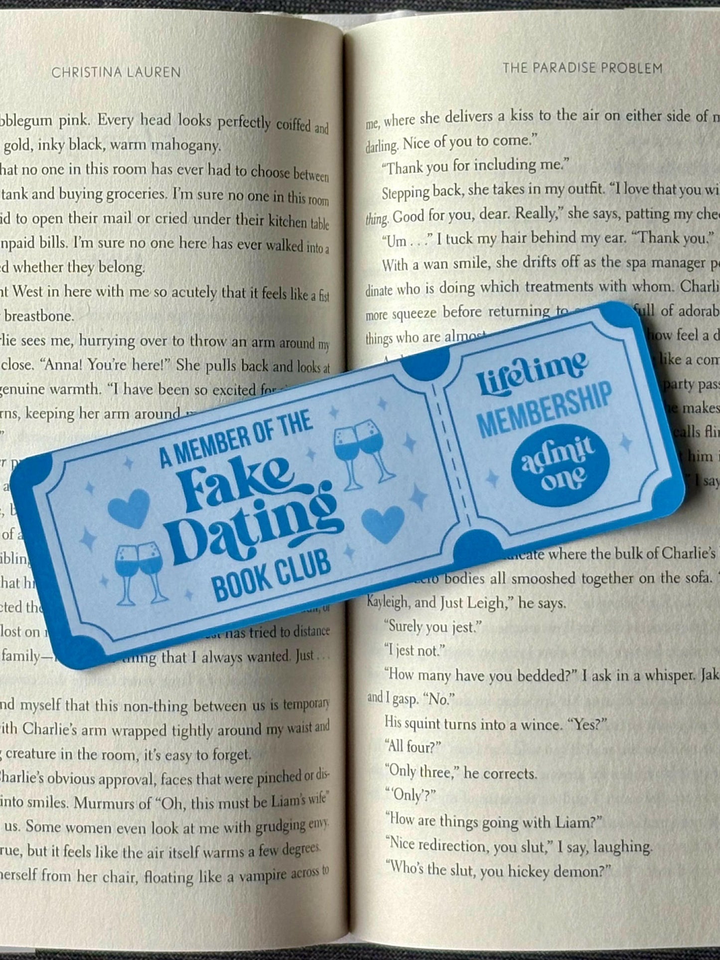 Fake Dating Romance Ticket Bookmark in pastel retro style for fans of fauxmance tropes and flirty fiction.