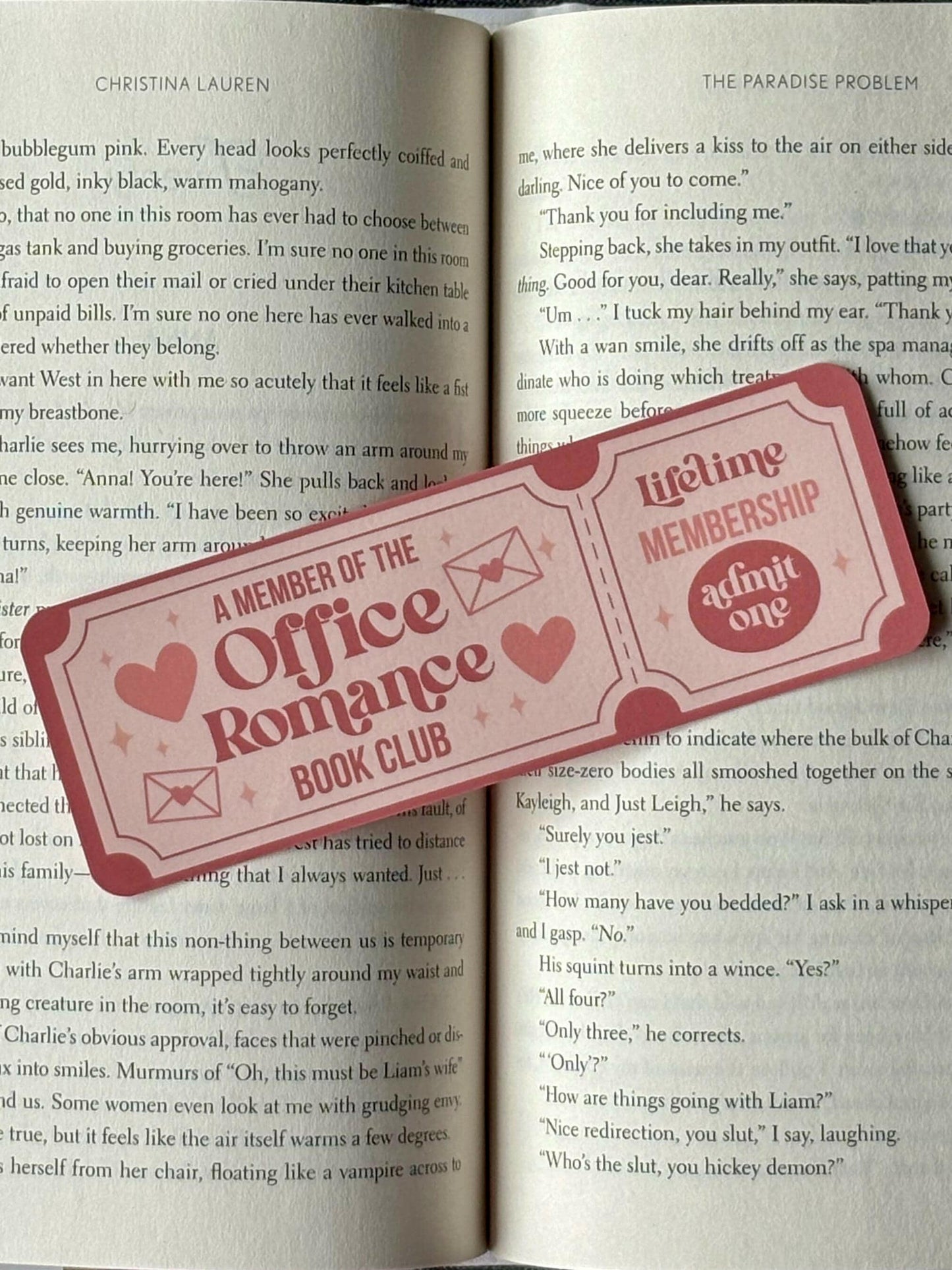 Office Romance Ticket Bookmark styled like a retro pastel movie ticket for book lovers.