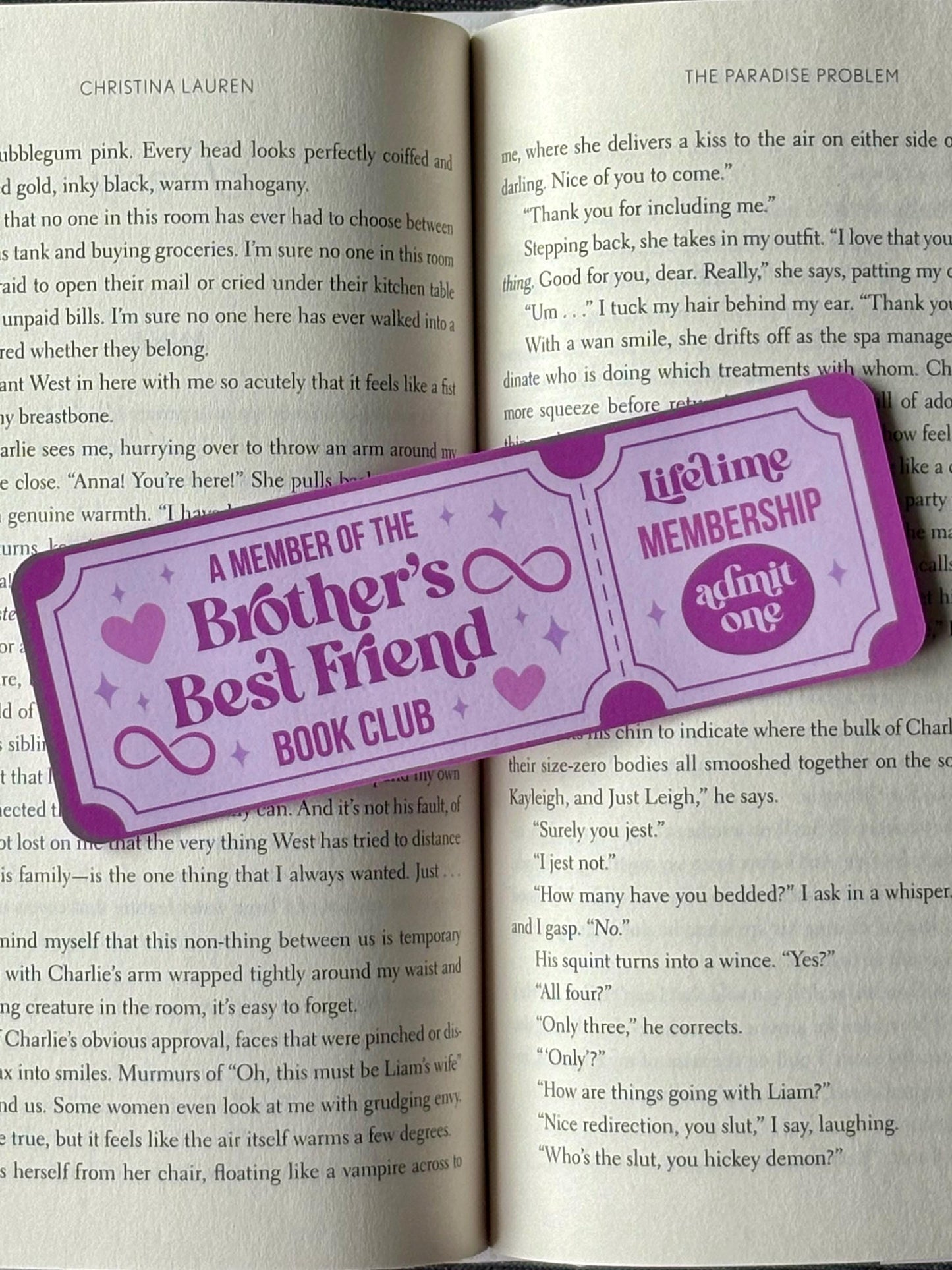 Bookmark styled like a retro movie ticket with "Brother's Best Friend" in colorful lettering, designed for romance readers.