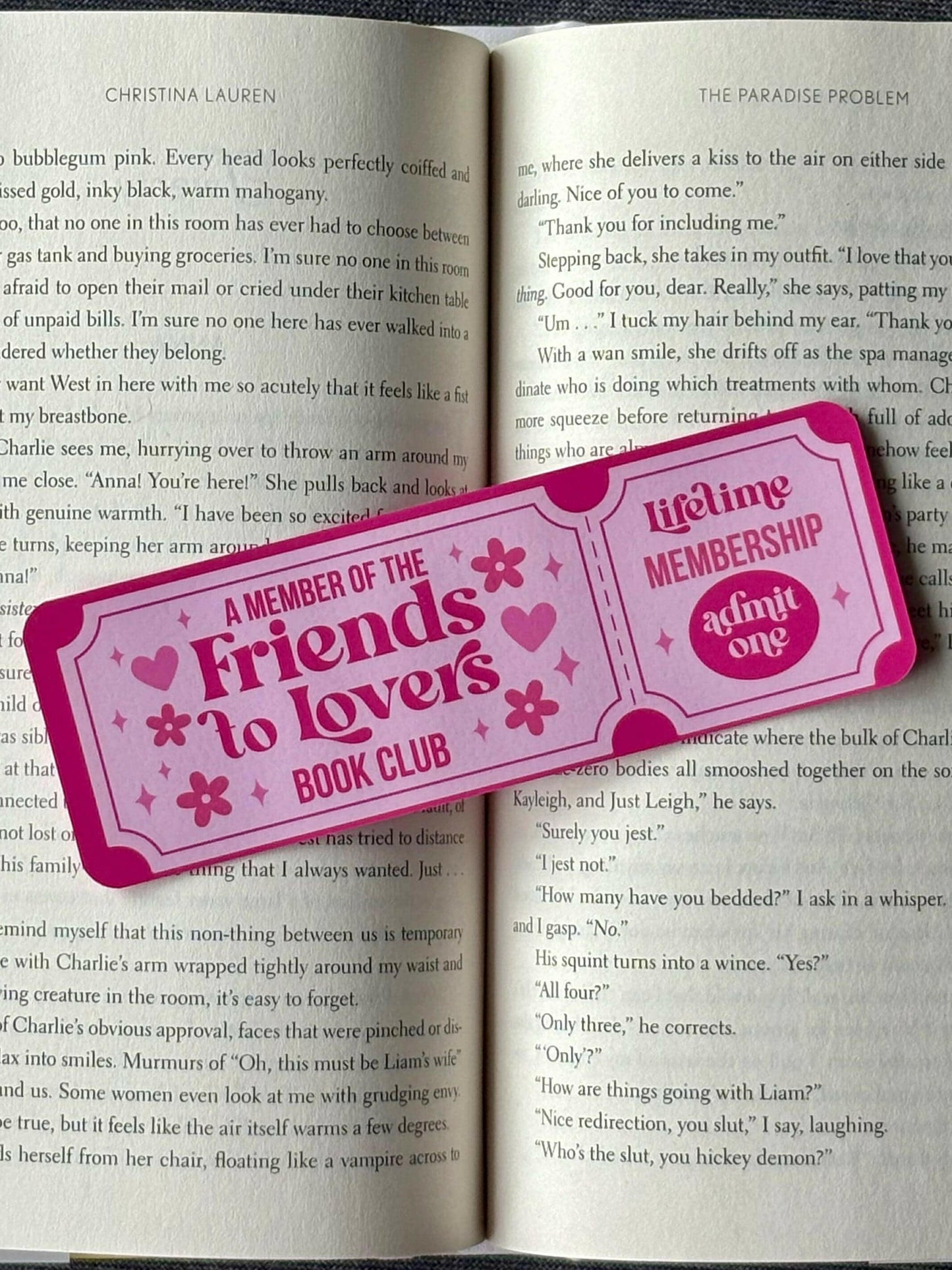 Friends to Lovers Bookmark styled like a retro movie ticket with pastel colors and bookish flair