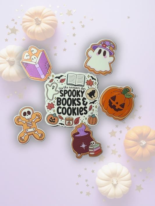 Halloween sticker bundle with “Spooky Books and Cookies” text and 5 cookie-shaped minis (ghosts, jack-o’-lantern, cauldron, skeleton).