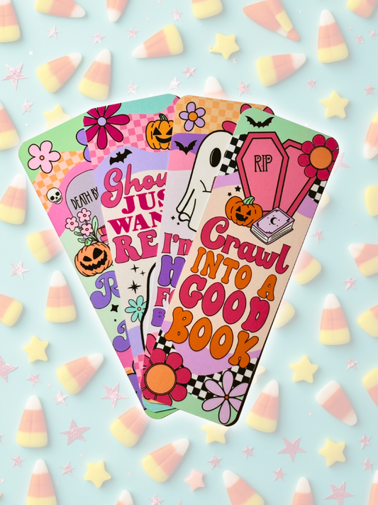 Set of 4 retro bold Halloween bookmarks with ghosts, tombstones, and sassy bookish phrases.