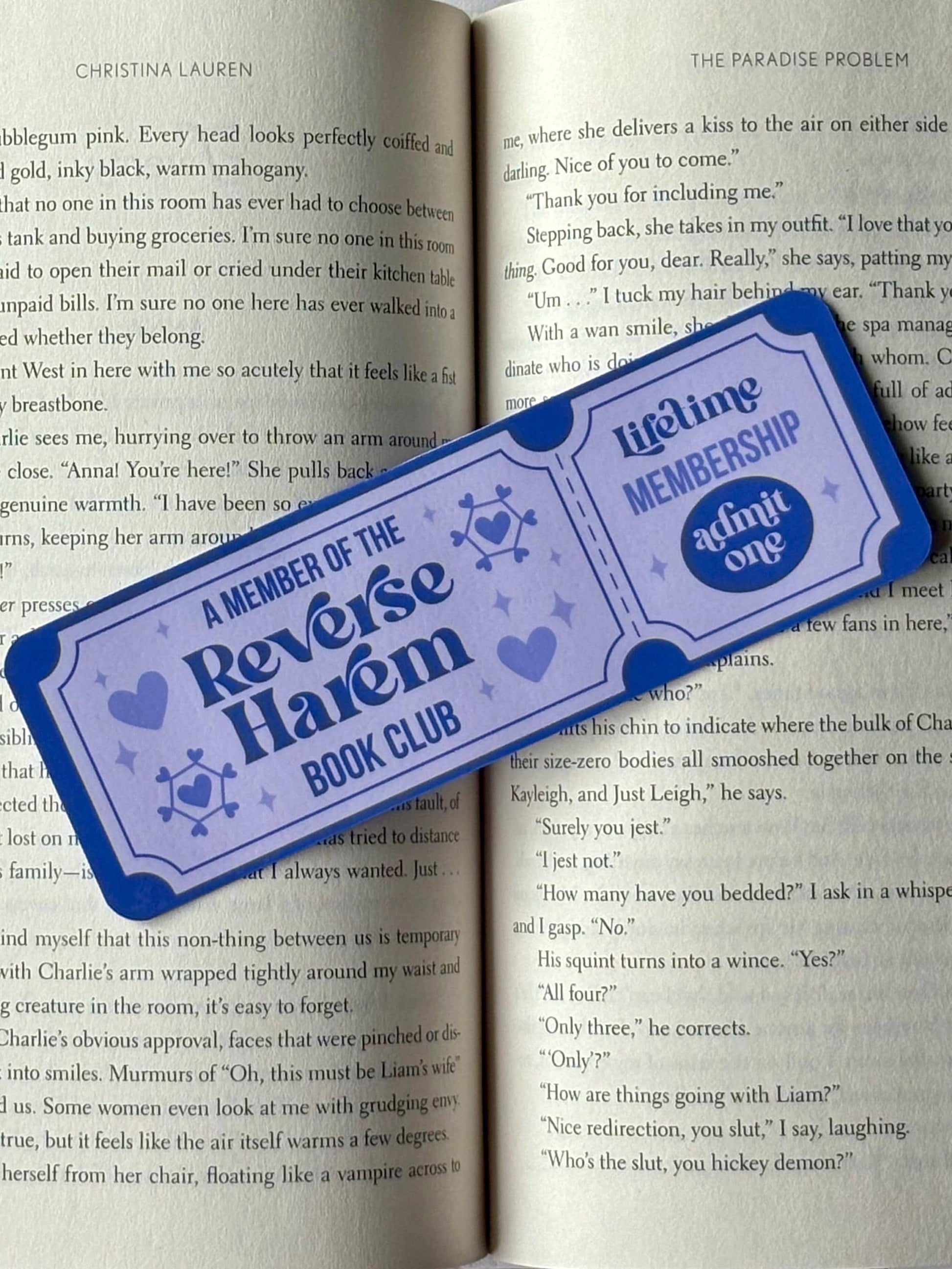Retro-style bookmark styled like a movie ticket with "Reverse Harem" in colorful text, designed for romance readers.