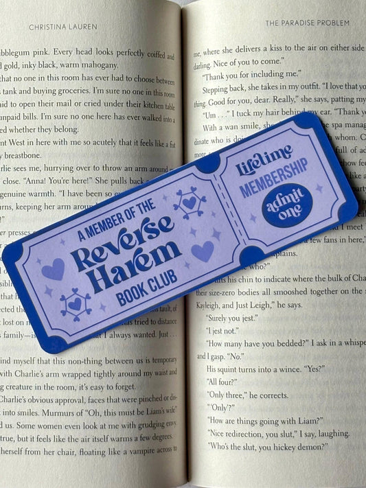 Retro-style bookmark styled like a movie ticket with "Reverse Harem" in colorful text, designed for romance readers.