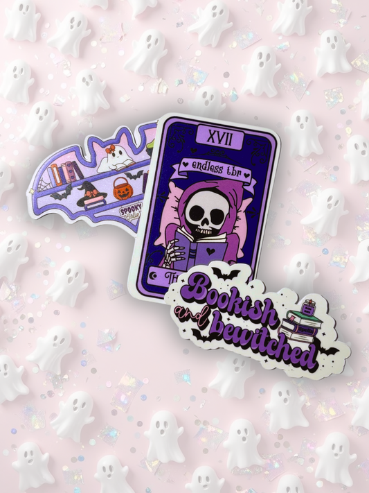 Set of 3 Halloween bookish stickers: tarot card Endless TBR, bat bookshelf, Bookish & Bewitched design.