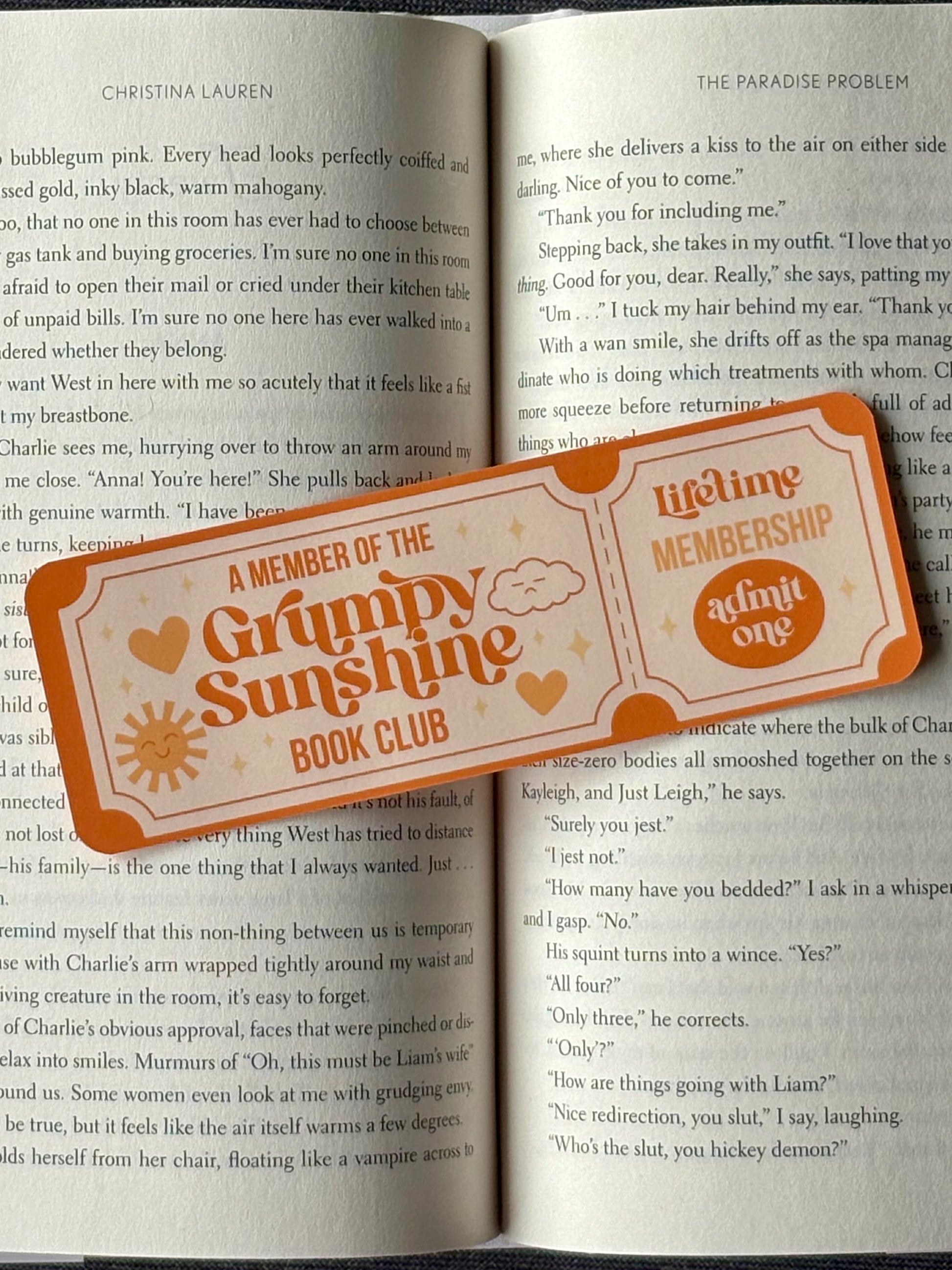 Grumpy Sunshine Romance Ticket Bookmark in pastel retro design, ideal for readers who love opposites-attract storylines.