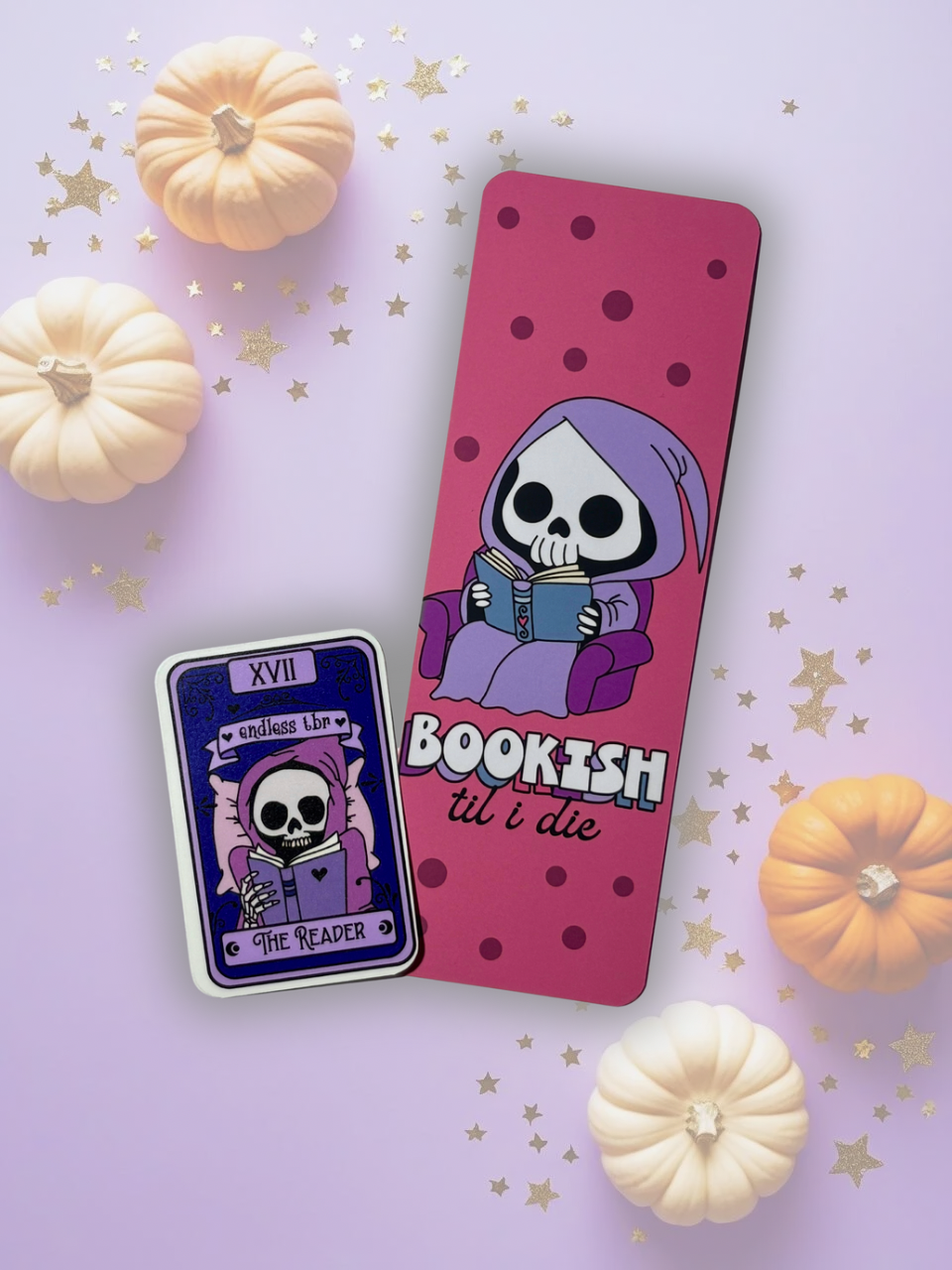 Bookish ‘Til I Die skeleton bookmark paired with Endless TBR tarot card sticker in purple.