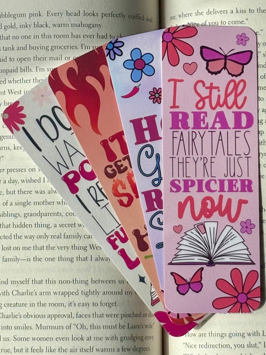 Spicy romance bookmark bundle with four retro designs in red, purple, and pink featuring bold quotes, flames, flowers, butterflies, and book illustrations.