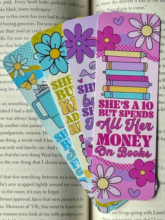 Four colorful retro bookmarks with sassy bookish sayings from the “She’s A 10 But She’s Bookish” collection by Fiction Addiction Co.