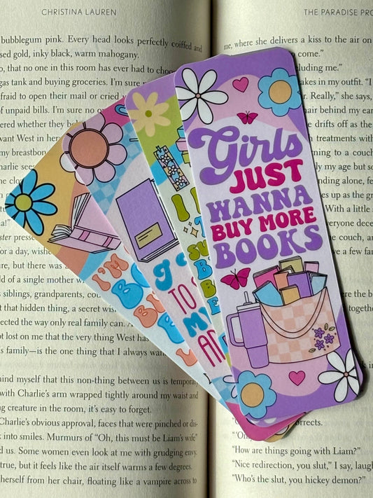 Set of 4 bold retro bookmarks with sassy bookish quotes for rreaders who love to buy books