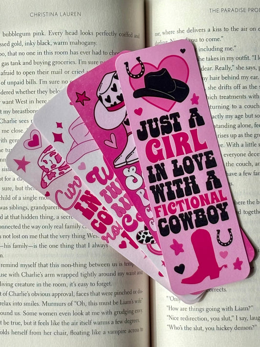 Set of 4 pink cowboy romance bookmarks with western hat, boots, and heart designs 