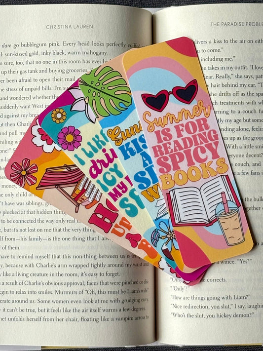 Summer Spicy Reads bookmark bundle with four retro designs in bright, beachy colors