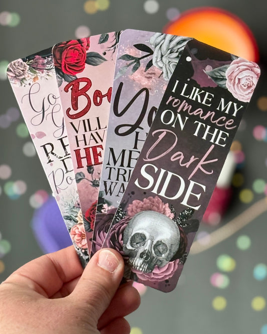 Set of 4 bookmarks in dark florals with bold quotes celebrating dark romance and morally gray love interests.