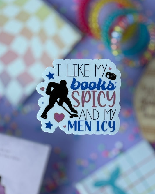 Hockey romance sticker with the text “I Like My Books Spicy & My Men Icy” featuring a hockey player silhouette and pastel hearts.