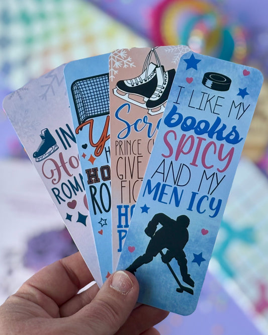 Hockey Romance Bookmark Bundle - set of 4 retro hockey-themed bookmarks for sports romance readers with playful quotes and colorful backgrounds.