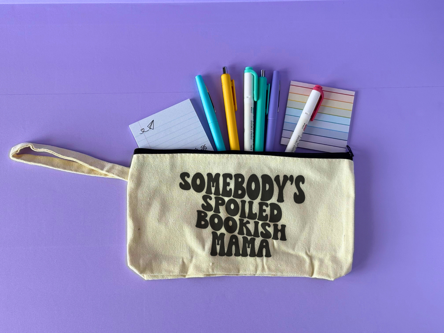 Bookish Annotation Pouch Bag - Somebody's Spoiled Bookish Mama with pens, highlighters, and sticky notes