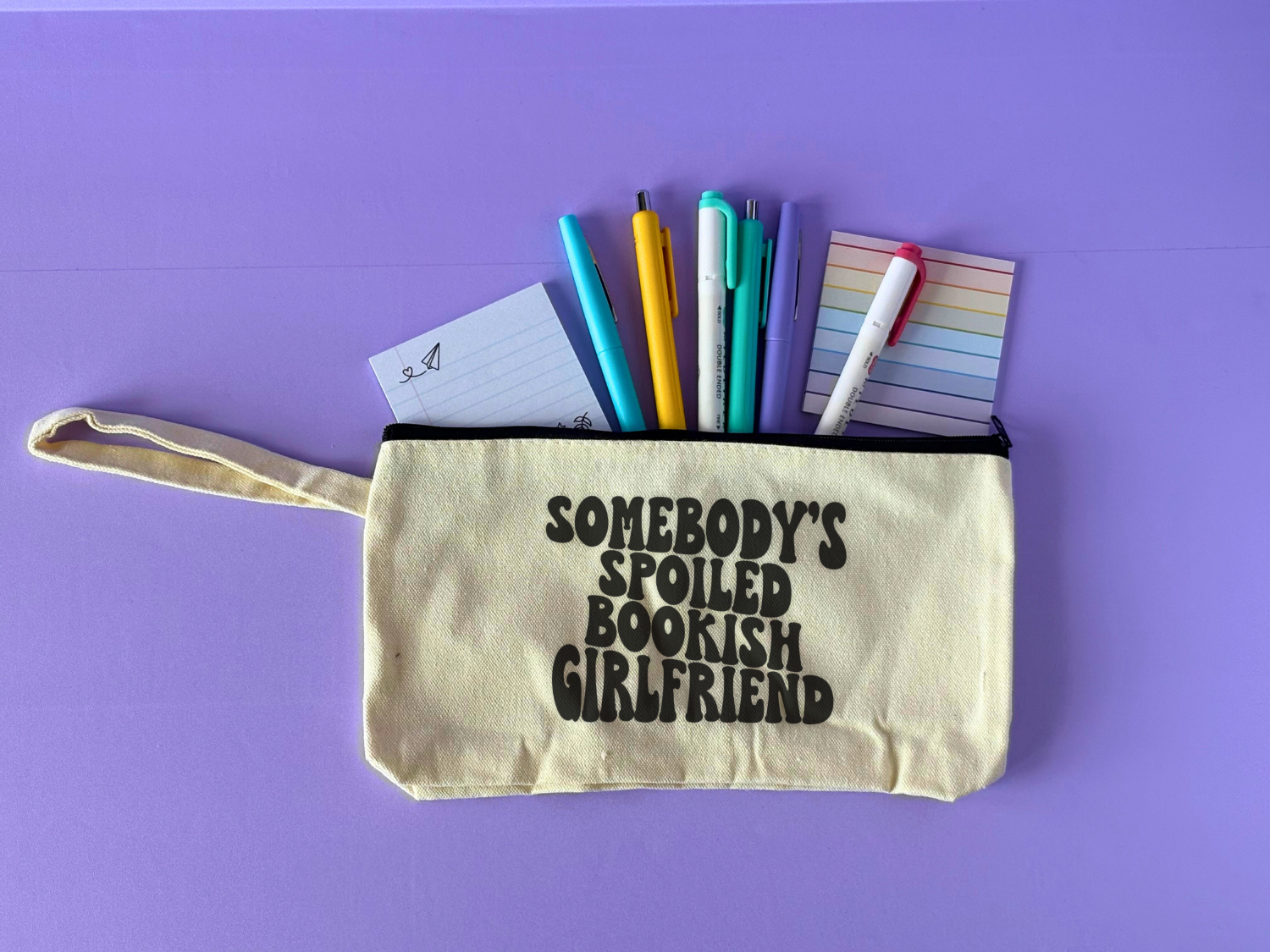Cute Aesthetic Stationery Pouch - Somebody's Spoiled Bookish Girlfriend with pens, highlighters, and sticky notes