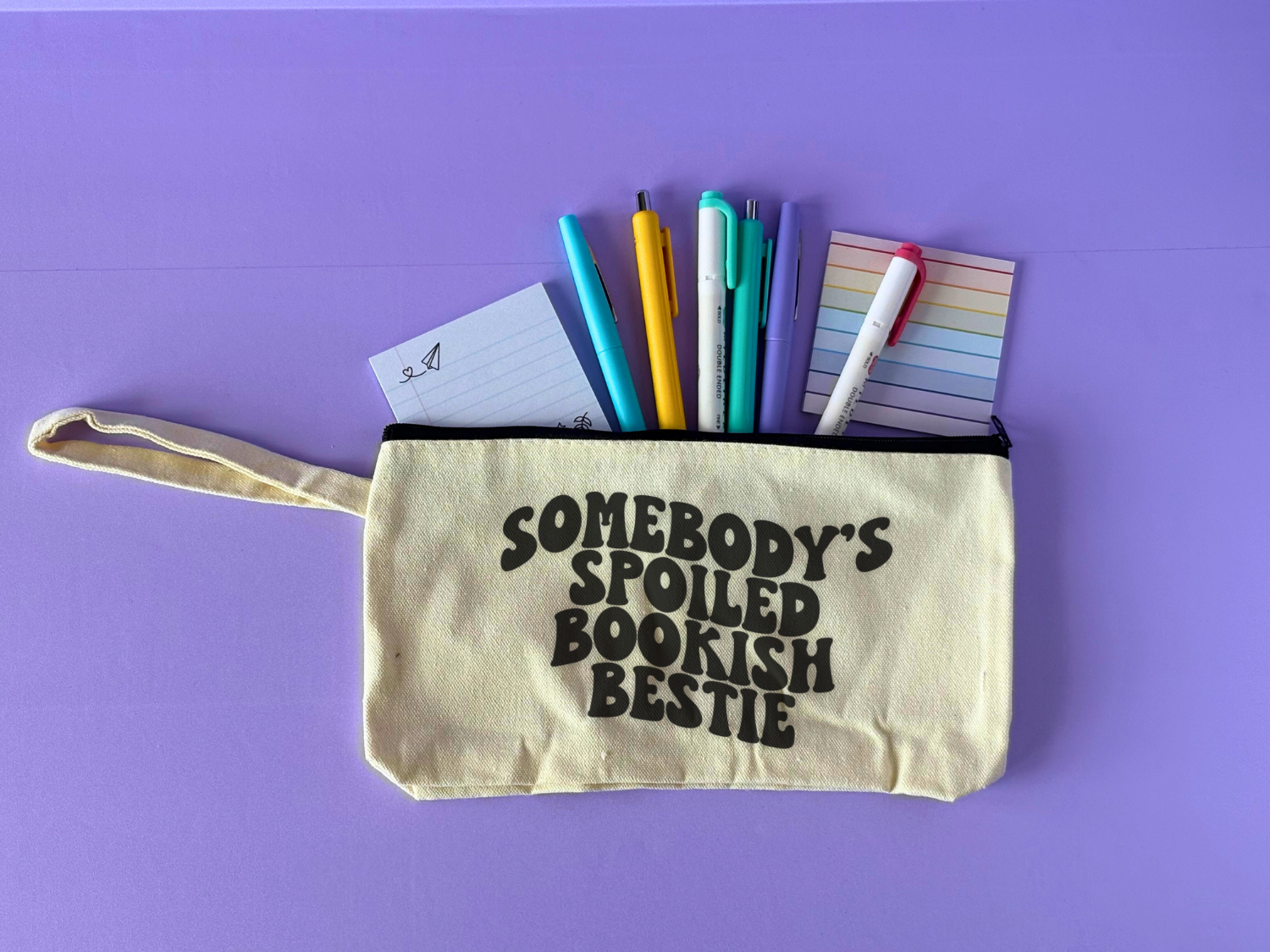 Cute Aesthetic Stationery Pouch - Somebody's Spoiled Bookish Bestie with pens, highlighters and sticky notes