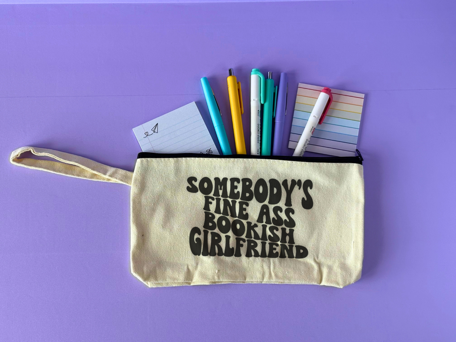 Cute Aesthetic Stationery Pouch - Somebody's Fine Ass Bookish Girlfriend with pens, highlighters, and sticky notes