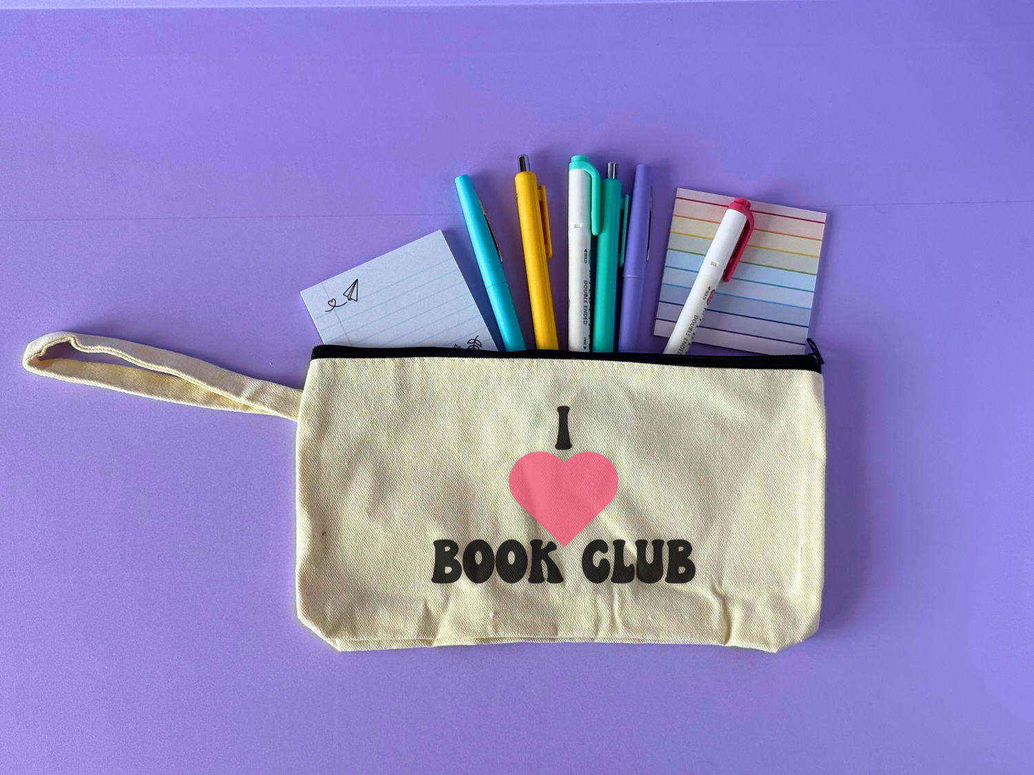 Cute Aesthetic Stationery Pouch - I Love Book Club with pens, highlighters, and sticky notes