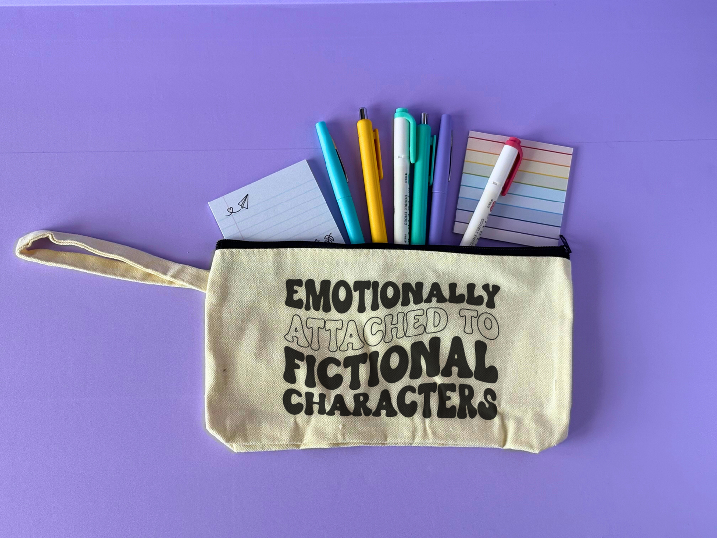 Bookish Annotation Pouch Bag - Emotionally Attached To Fictional Characters Pouch Bag with pens, highlighters and sticky notes