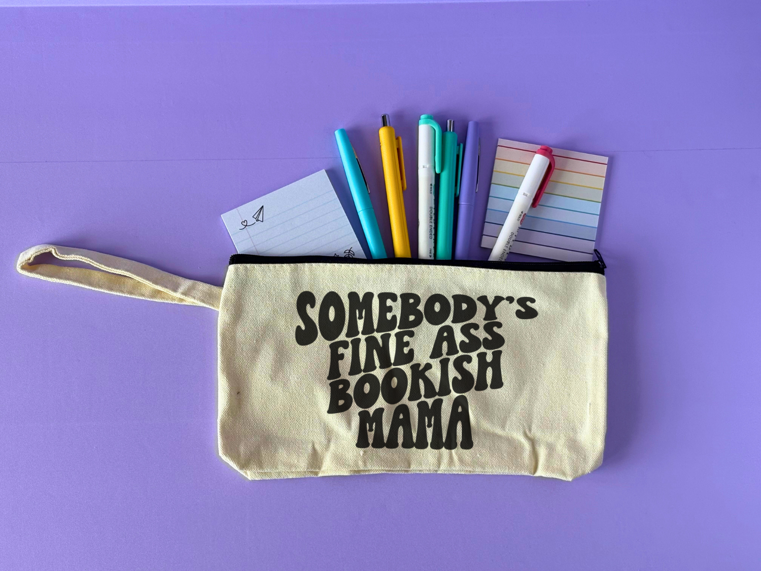 Bookish Annotation Pouch Bag - Somebody's Fine Ass Bookish Mama with pens, highlighters, and sticky notes