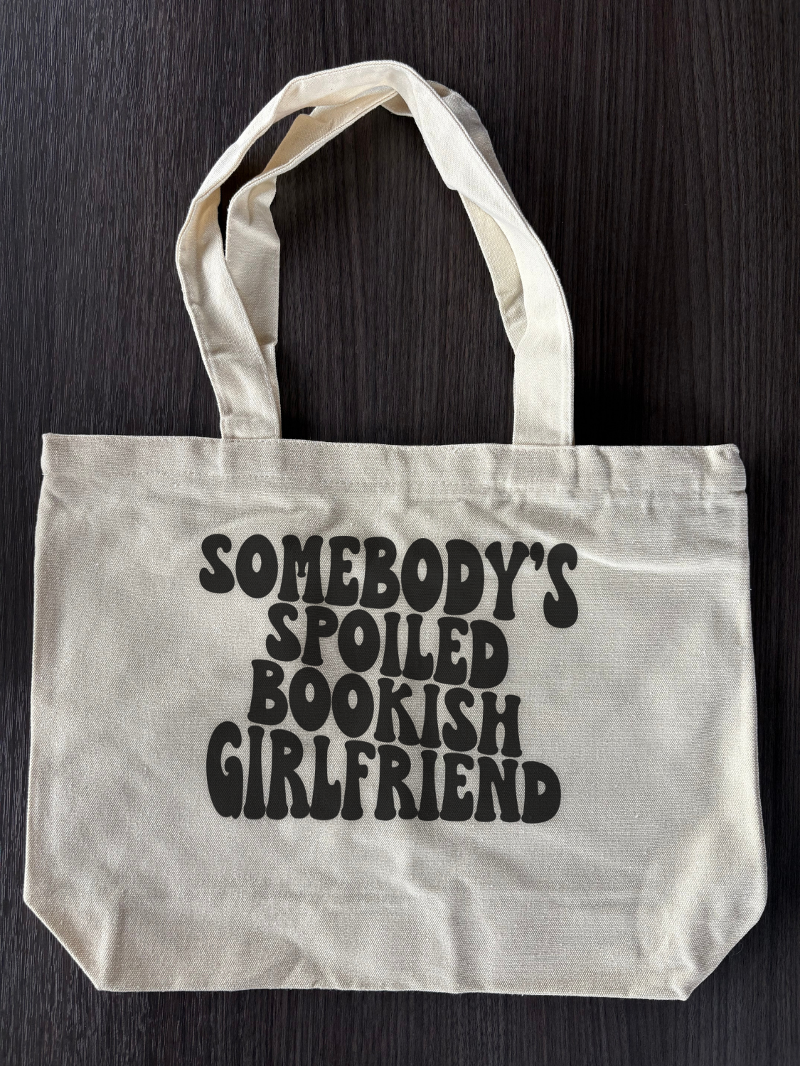 Flat lay of Cute Bookish Tote Bag - Spoiled Bookish Girlfriend Bag