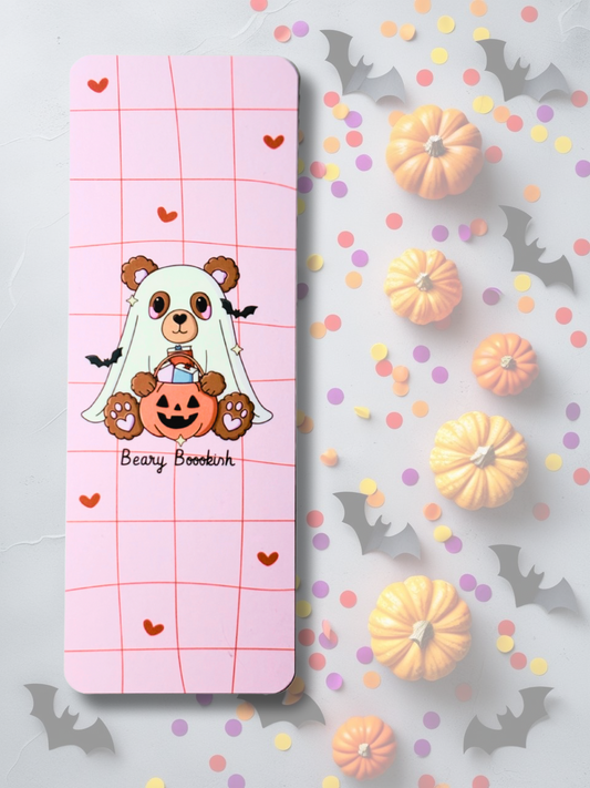 Halloween teddy bear ghost bookmark set with plaid designs and pumpkin trick-or-treat bucket.