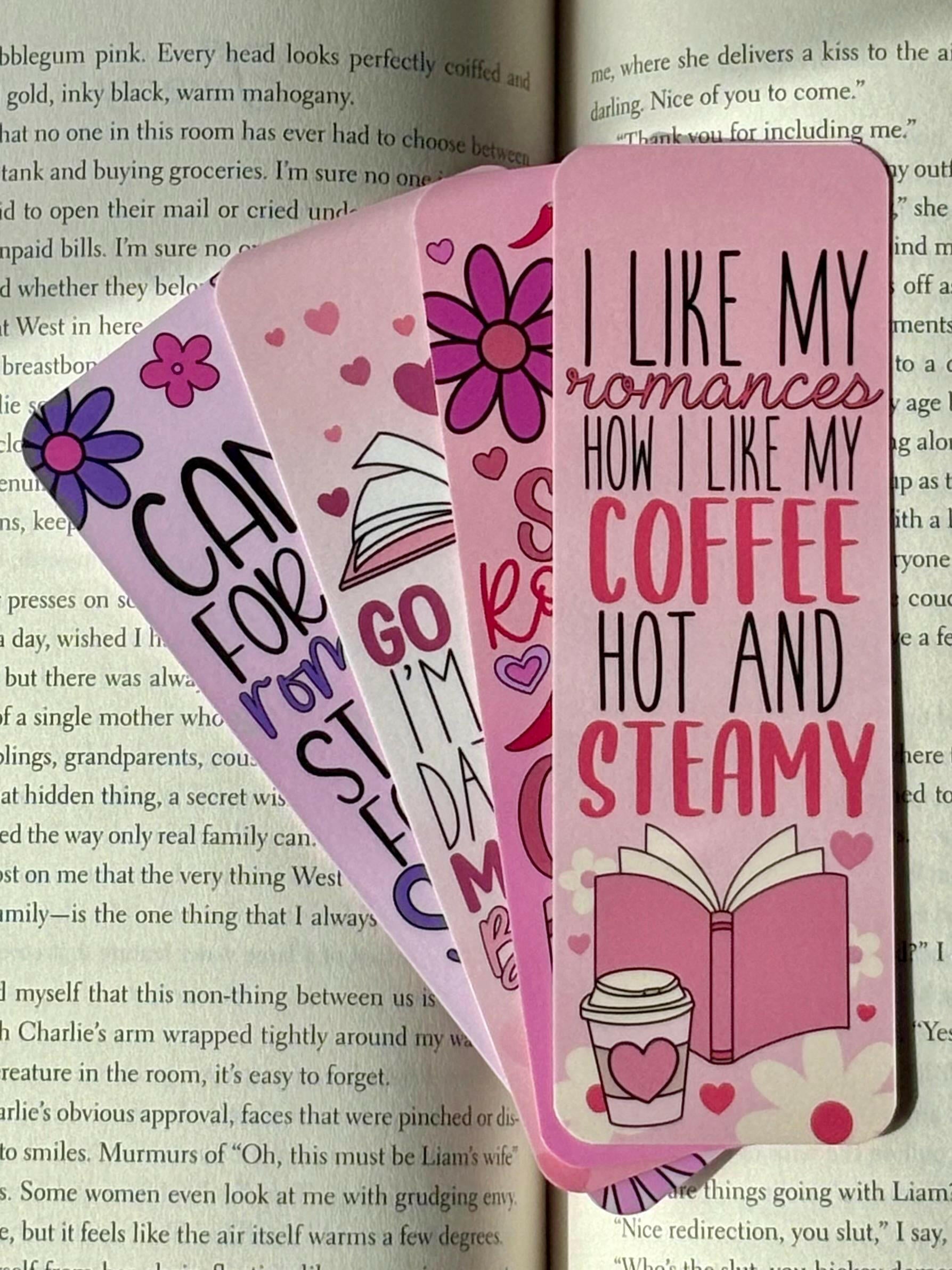 Romance Reader Starter Pack bookmark bundle with pink and purple floral designs, featuring flirty and spicy book lover quotes